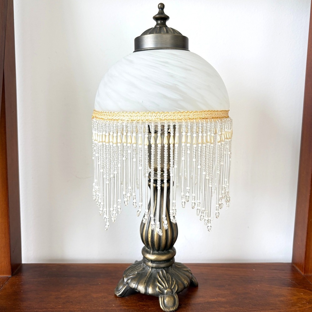 Vintage Beaded Fringe Table Lamp Frosted Swirl Glass Shade Antique Bronze Finish